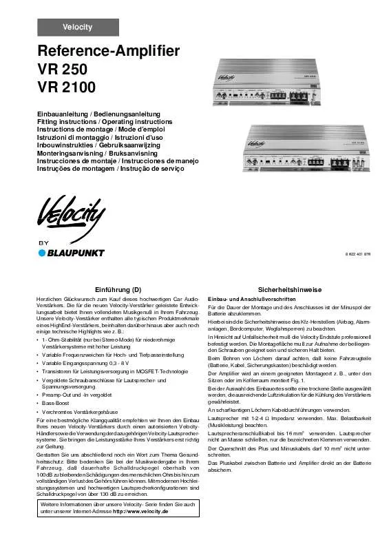 Mode d'emploi BLAUPUNKT VELOCITY VR 250 / VR 2100 REFERENCE AMPLIFIER