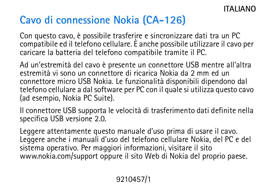 Mode d'emploi NOKIA CHARGING CONNECTIVITY CABLE CA-126