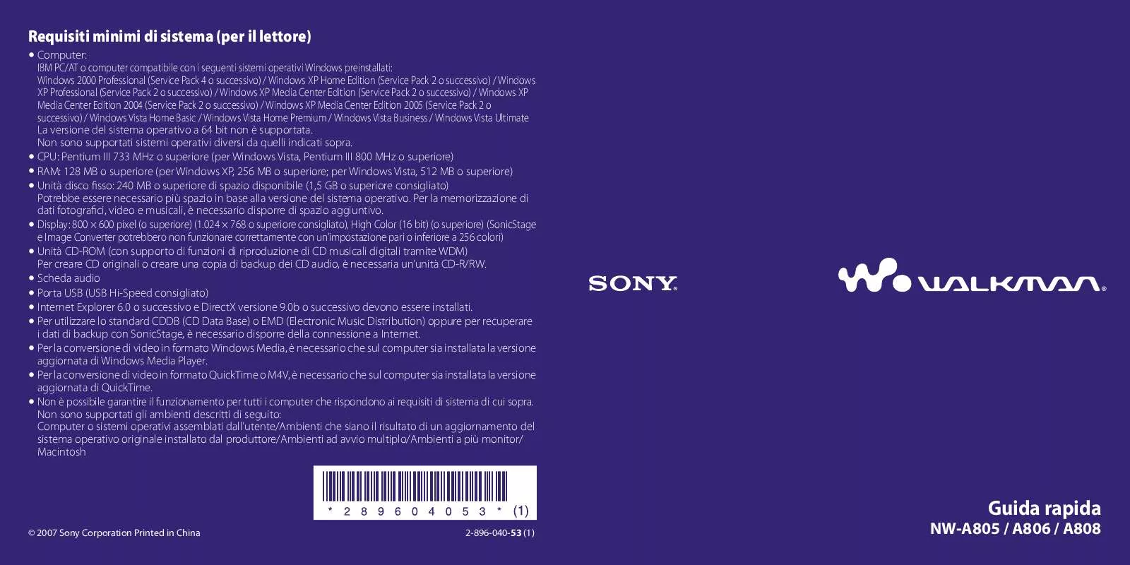 Mode d'emploi SONY NW-A808