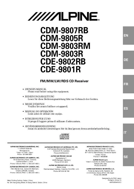 Mode d'emploi ALPINE CDE-9802RB