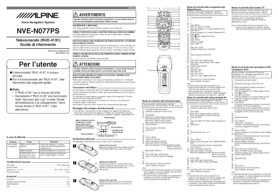 Mode d'emploi ALPINE RUE-4191-SPACE-REMOTE-SPACE-FOR-SPACE-NVE-N077PS