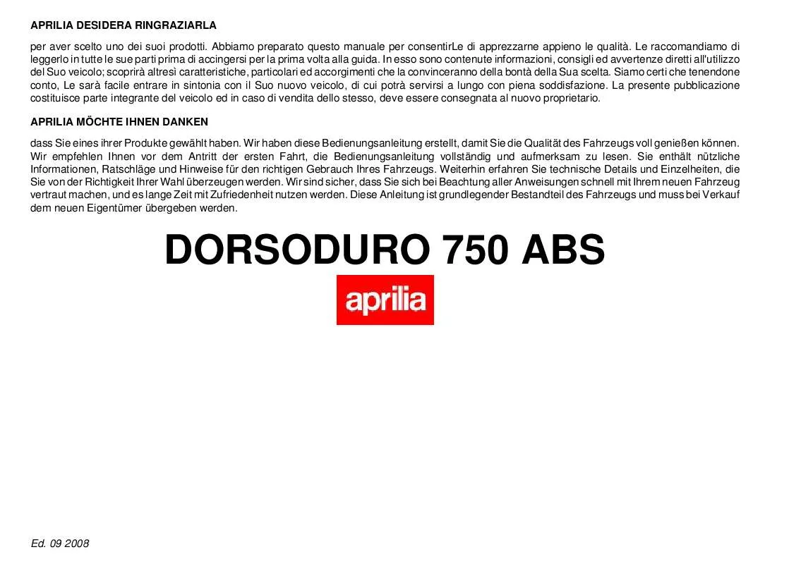 Mode d'emploi APRILIA DORSODURO 750 ABS