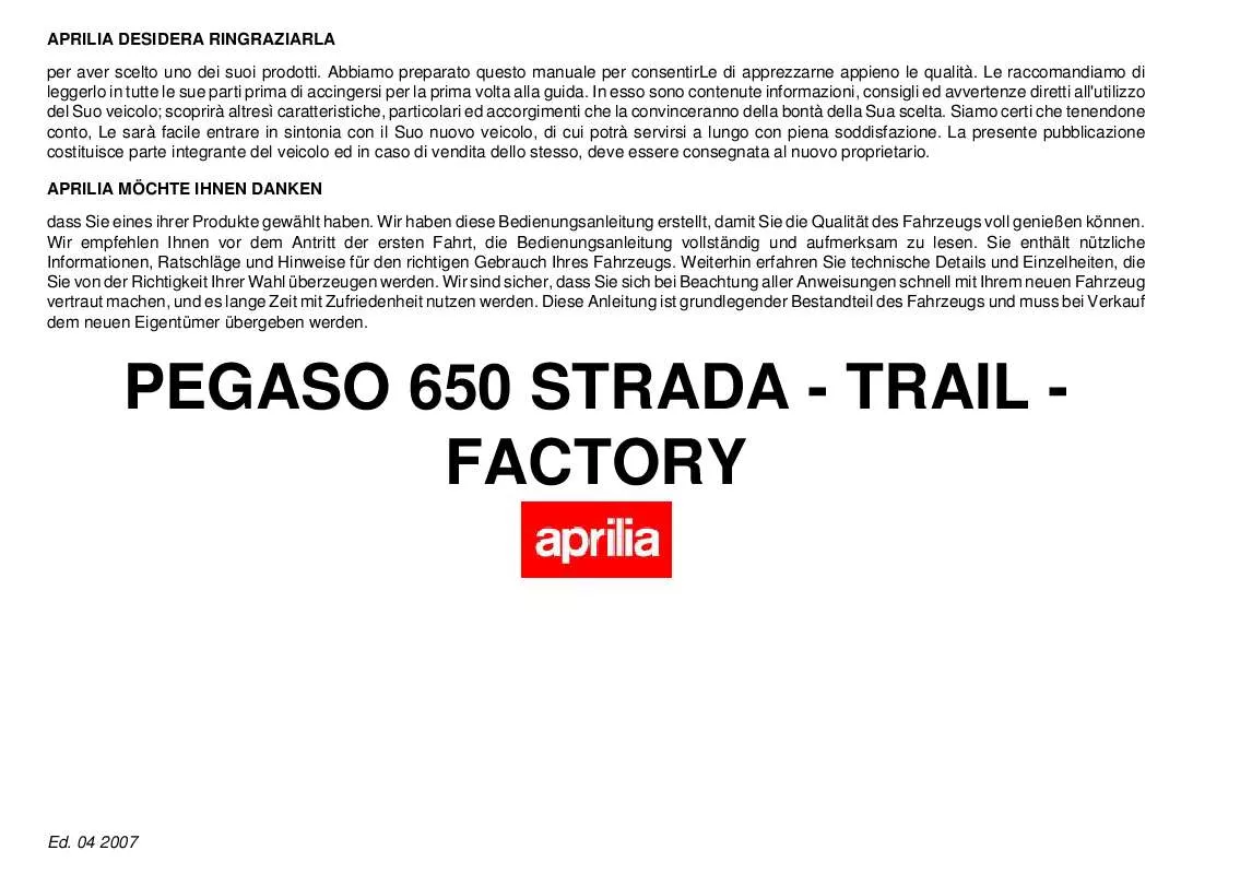 Mode d'emploi APRILIA PEGASO 650 FACTORY