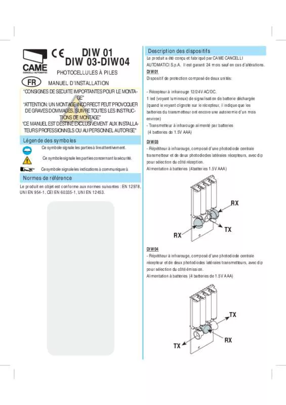 Mode d'emploi CAME DIW 03