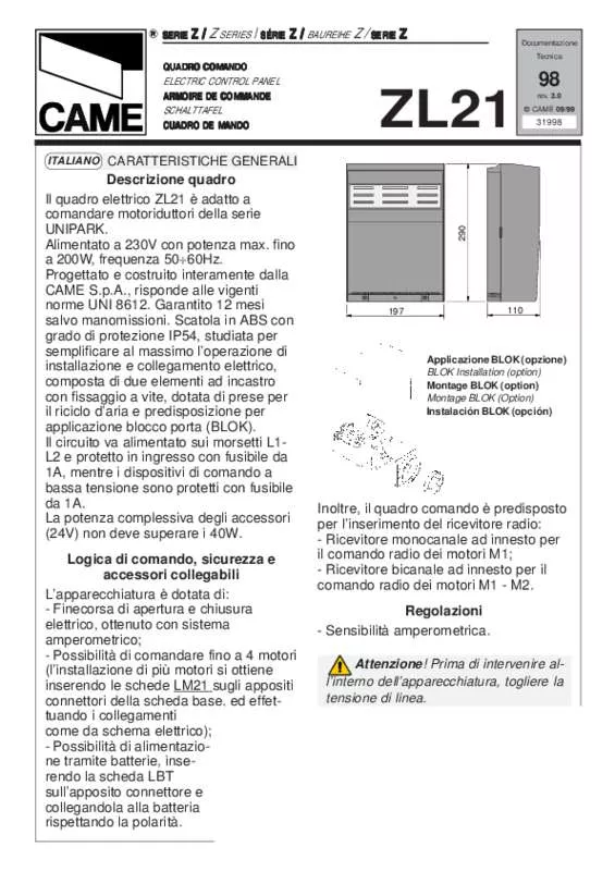 Mode d'emploi CAME ZL21