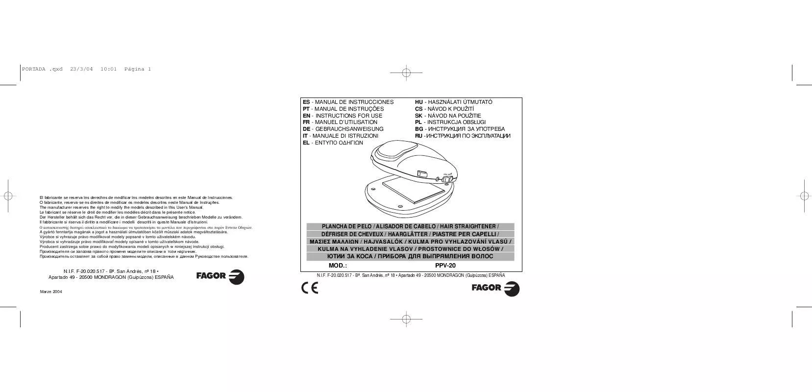 Mode d'emploi FAGOR PPV-20