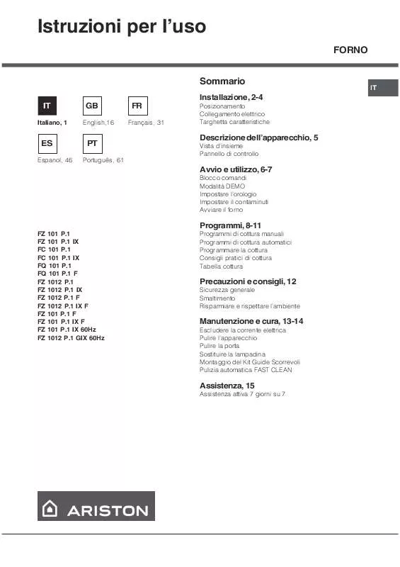 Mode d'emploi HOTPOINT FZ 1012 P.1 GIX 60HZ