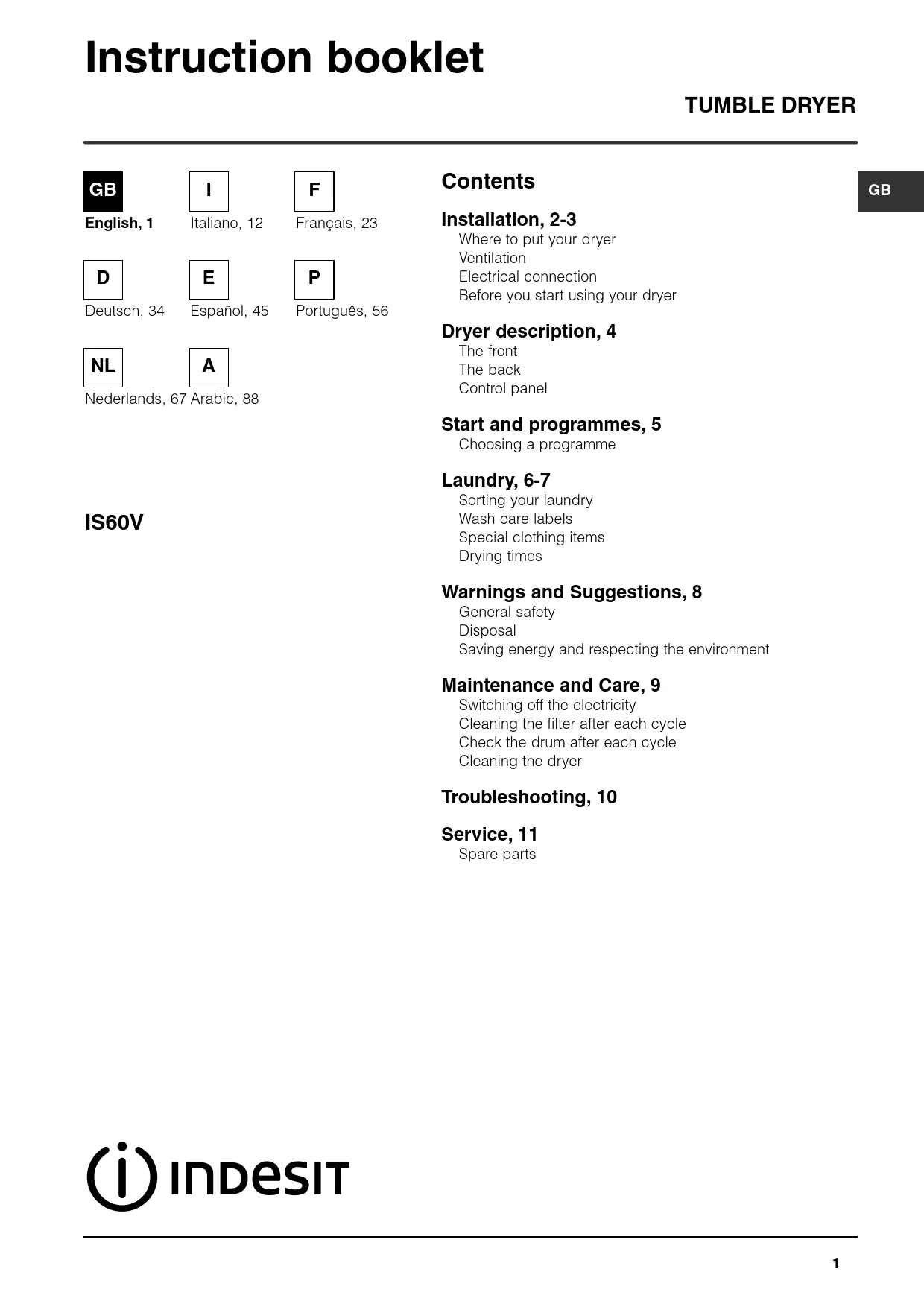 Mode d'emploi INDESIT IS 60 V