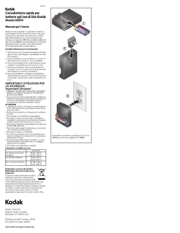 Mode d'emploi KODAK LI-ION RAPID BATTERY CHARGER K8500