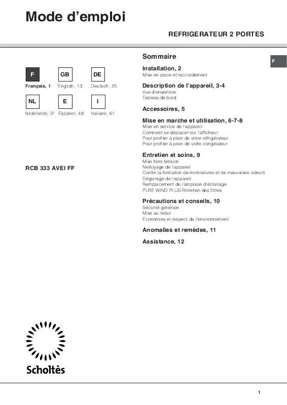 Mode d'emploi SCHOLTES COMBINATO RCB 333 AVEI FF