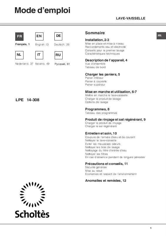 Mode d'emploi SCHOLTES LPE 14-308 IX