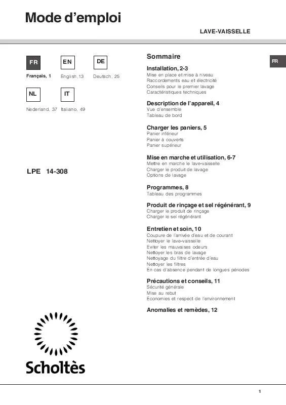 Mode d'emploi SCHOLTES LPE 14-308 WH