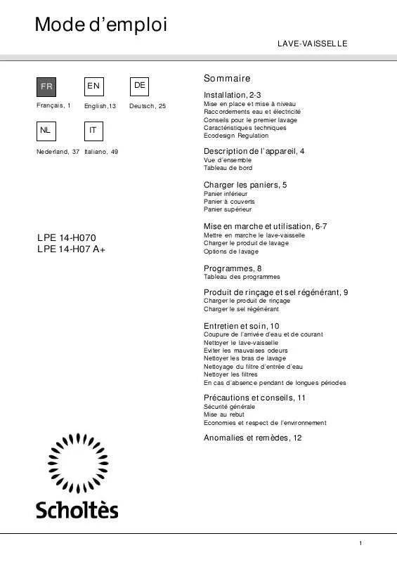 Mode d'emploi SCHOLTES LPE 14-H070 IX