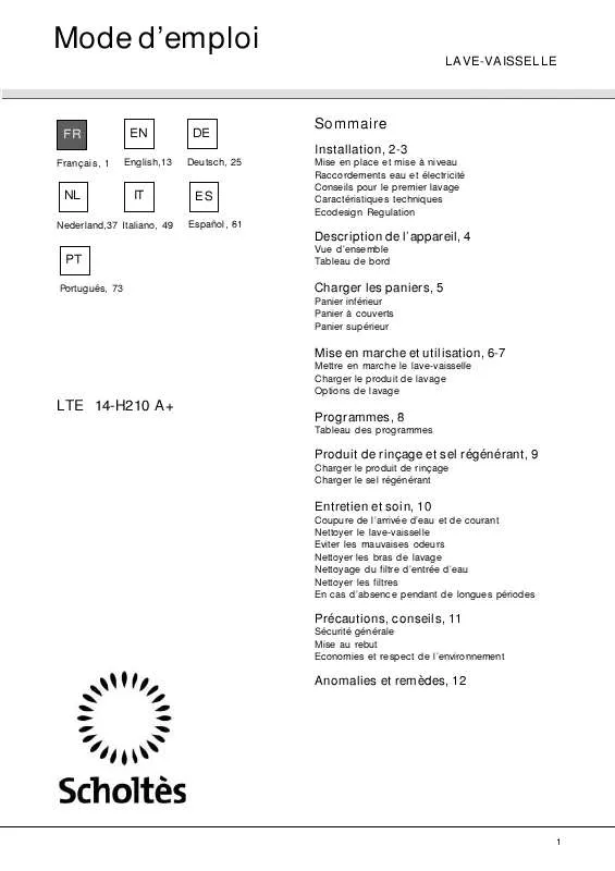 Mode d'emploi SCHOLTES LTE 14-H210 A