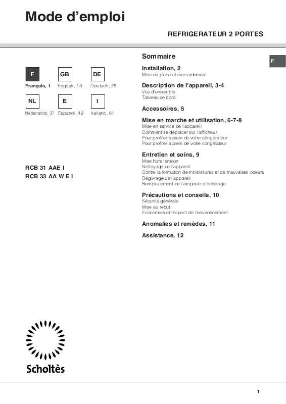 Mode d'emploi SCHOLTES RCB 33 AA W E I