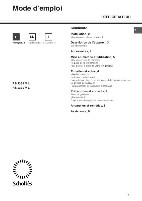 Mode d'emploi SCHOLTES UNA PORTA RS 2332 V L