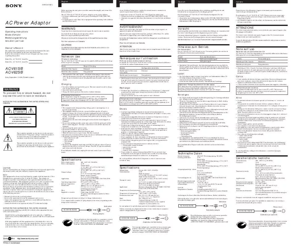 Mode d'emploi SONY AC-V615