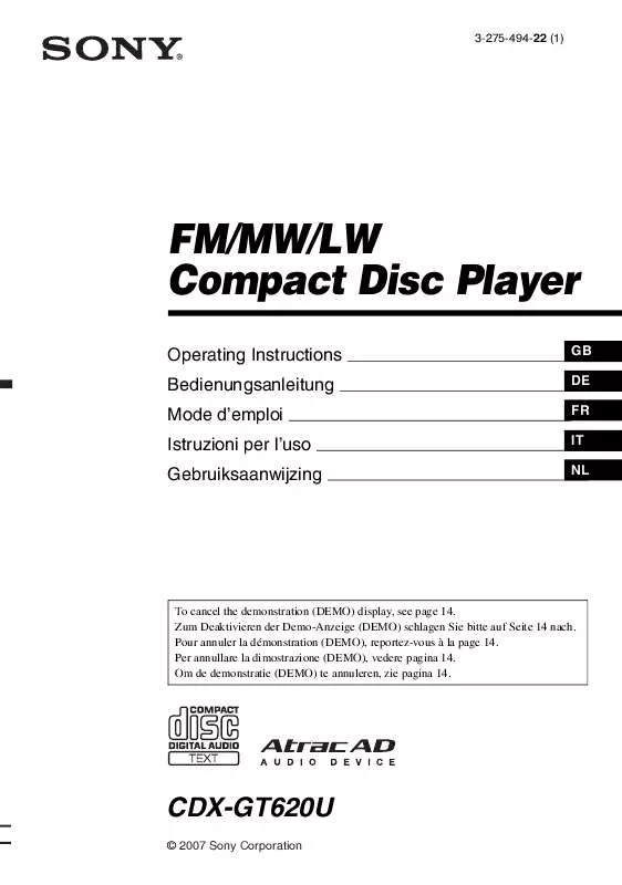 Mode d'emploi SONY CDX-GT620U