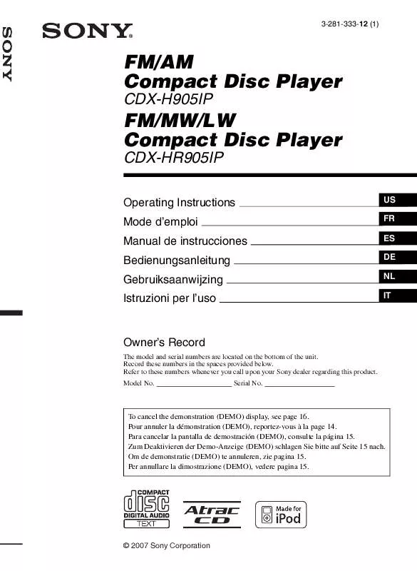 Mode d'emploi SONY CDX-HR905IP