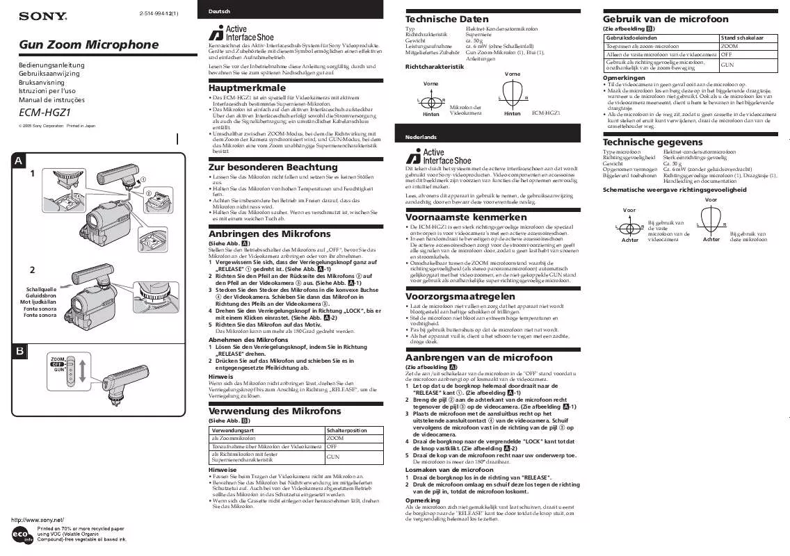 Mode d'emploi SONY ECM-HGZ1