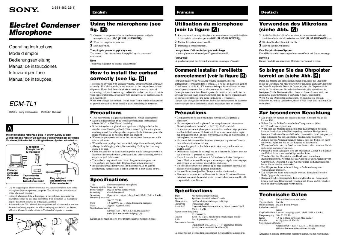 Mode d'emploi SONY ECM-TL1