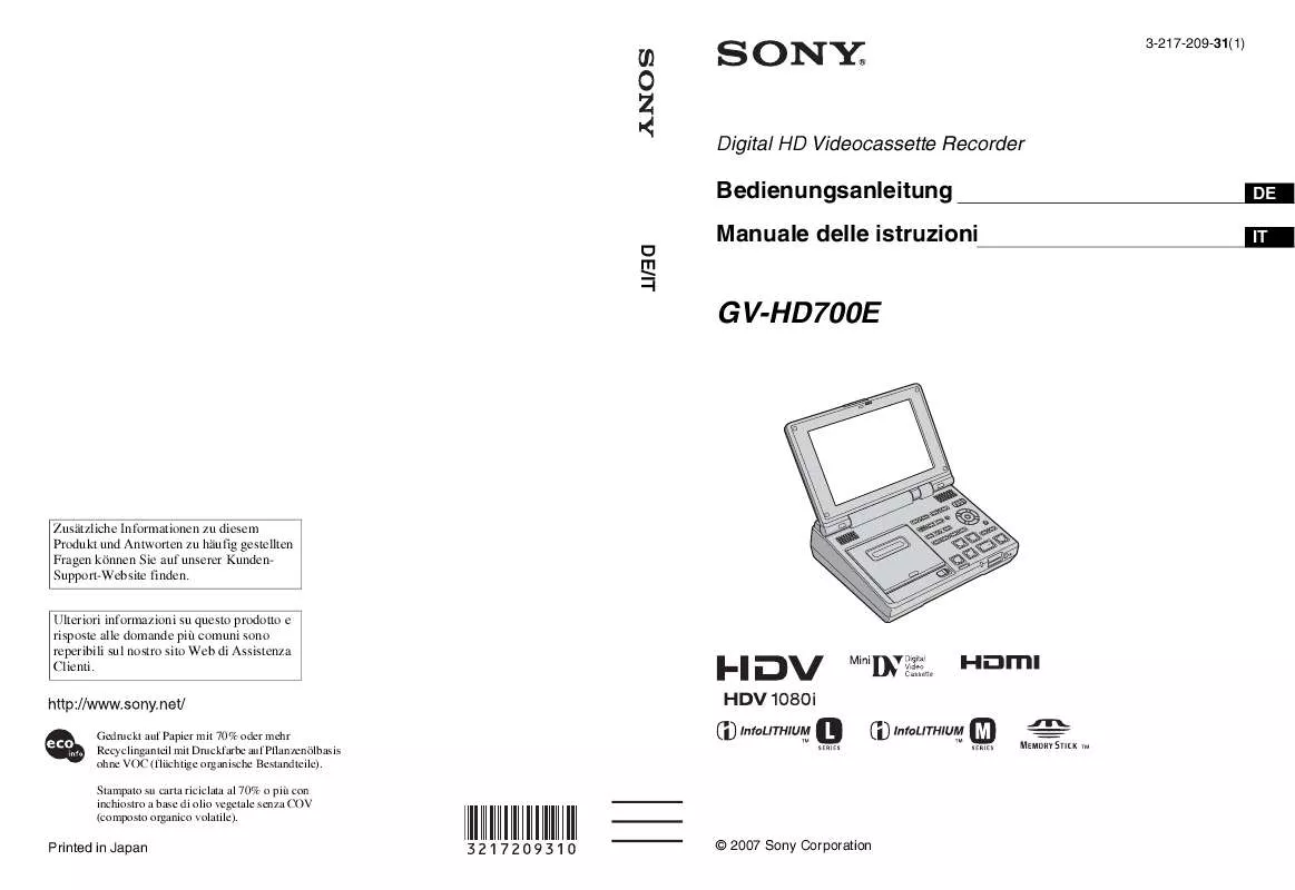 Mode d'emploi SONY GV-HD700