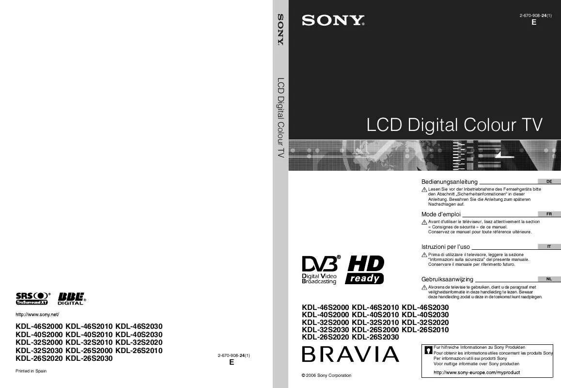 Mode d'emploi SONY KDL-26S2030