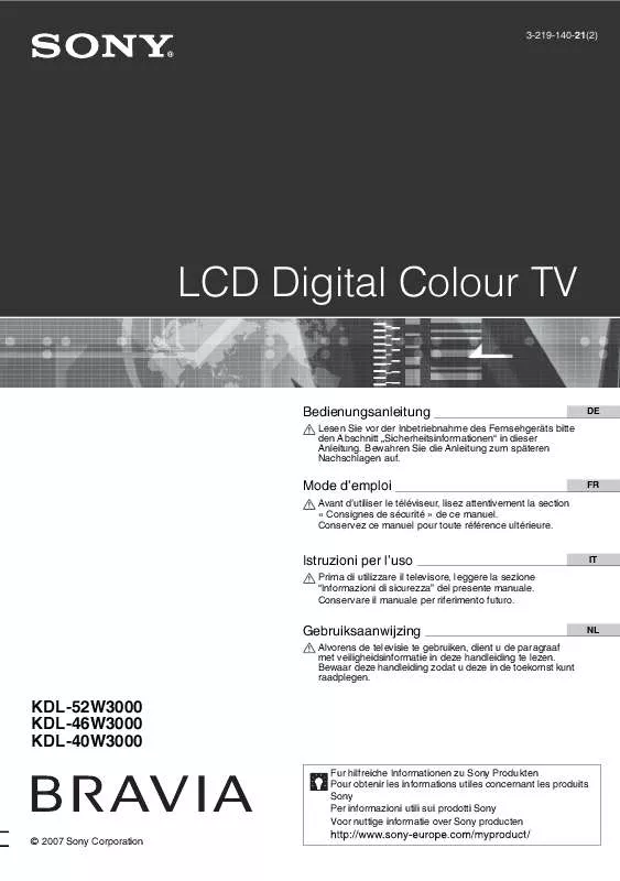 Mode d'emploi SONY KDL-52W3000