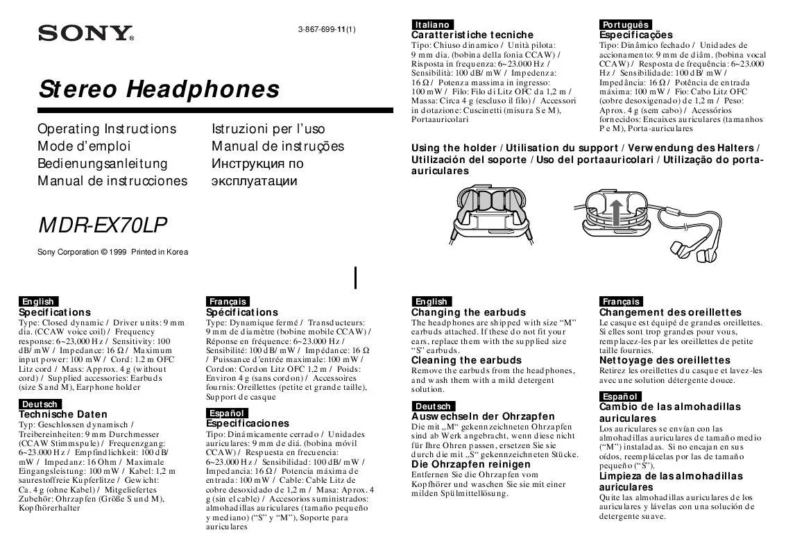 Mode d'emploi SONY MDR-EX70LP