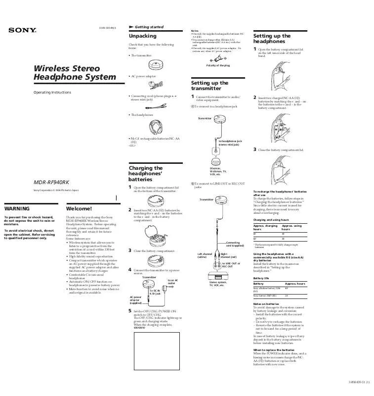 Mode d'emploi SONY MDR-RF940RK