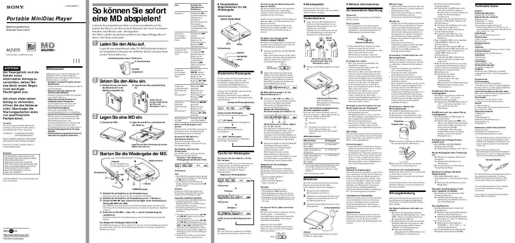 Mode d'emploi SONY MZ-E75