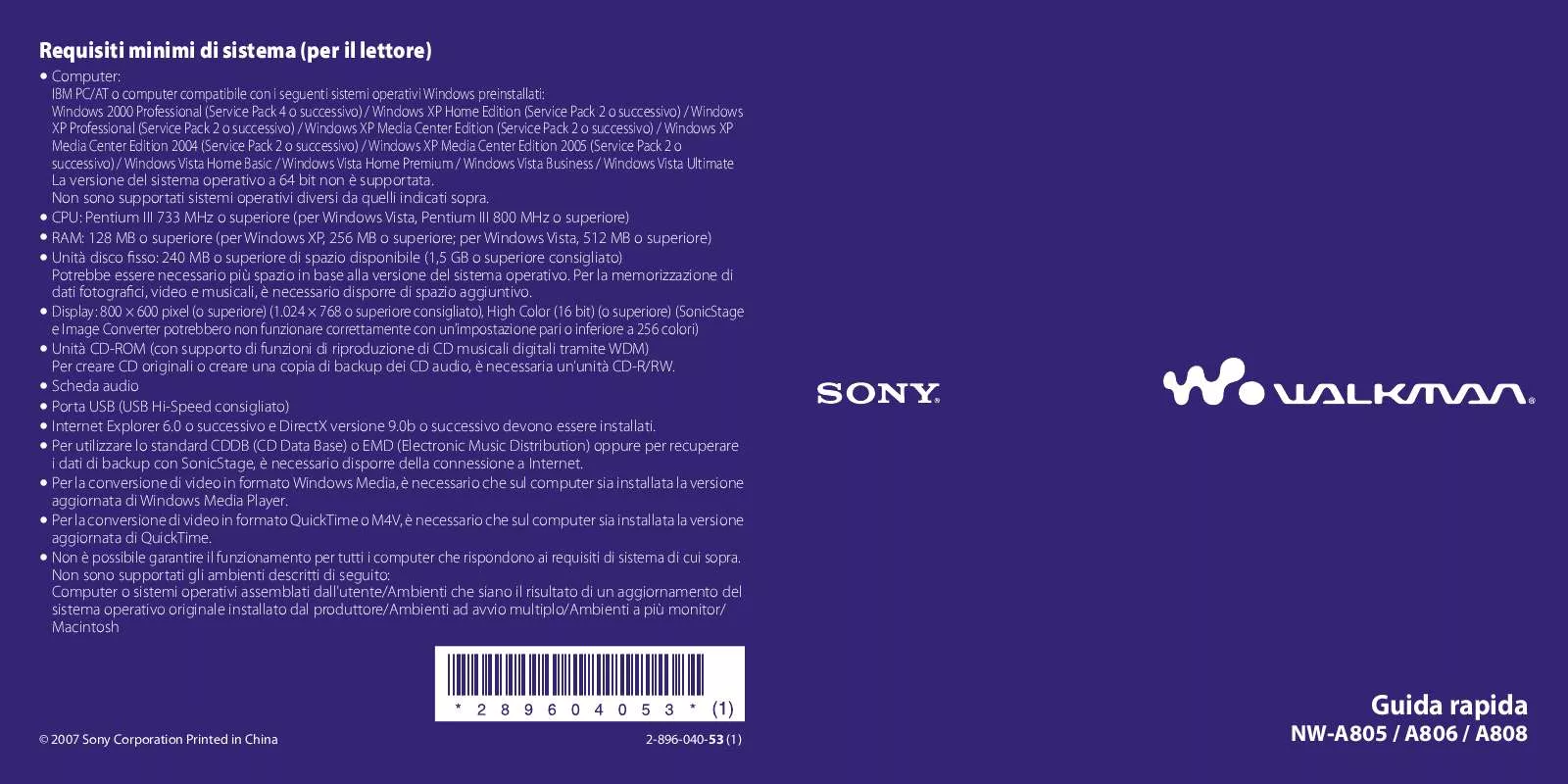 Mode d'emploi SONY NW-A805