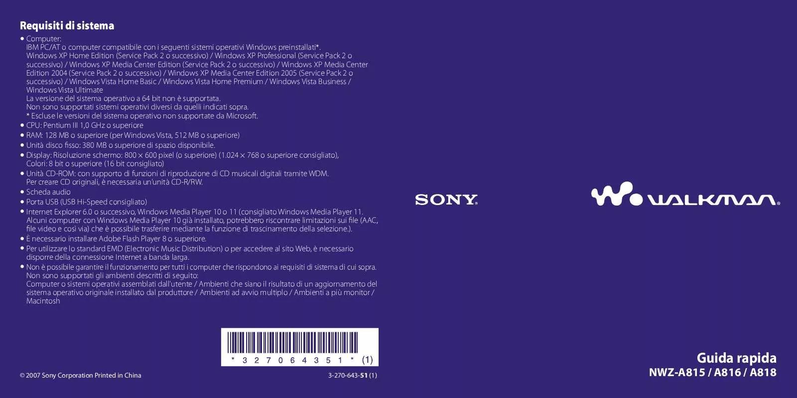 Mode d'emploi SONY NWZ-A815