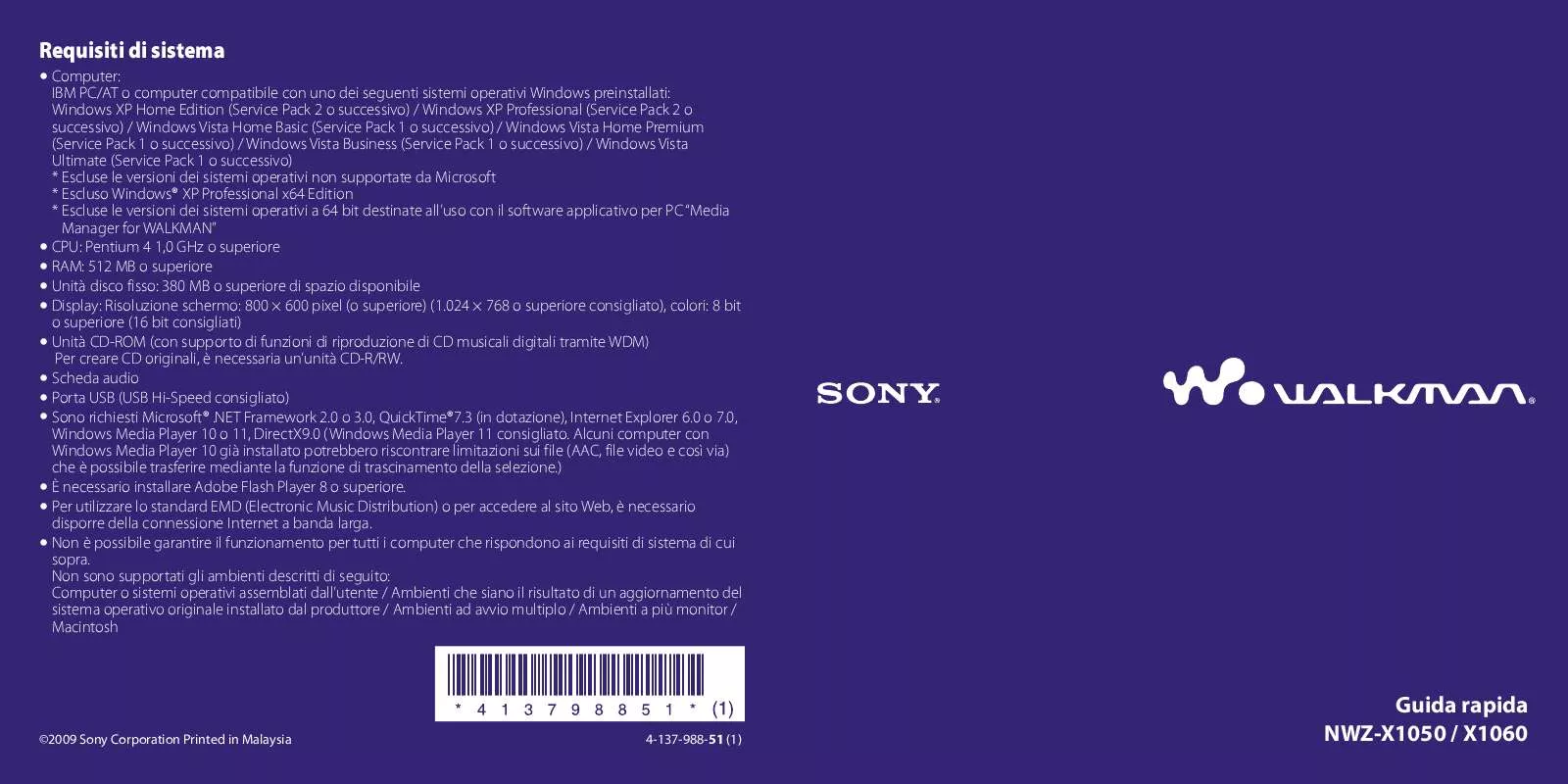 Mode d'emploi SONY NWZ-X1060