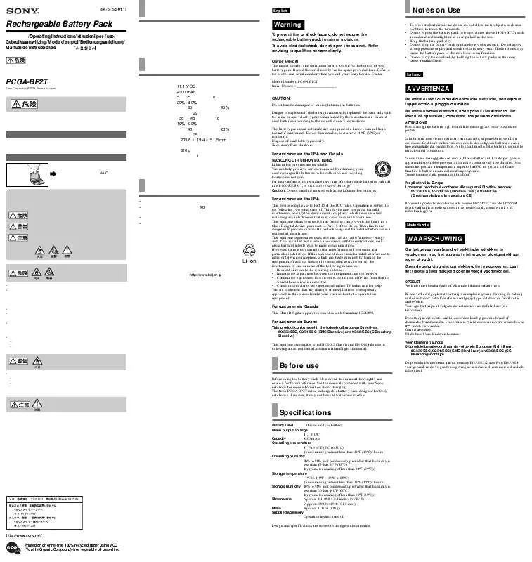 Mode d'emploi SONY PCGA-BP2T