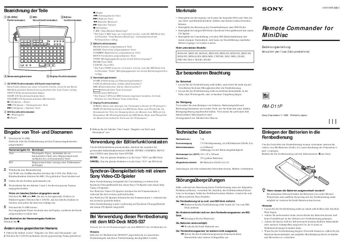 Mode d'emploi SONY RM-D11P