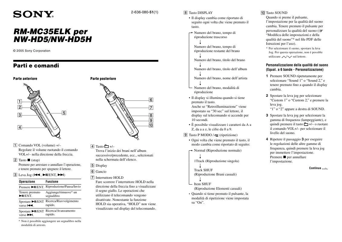 Mode d'emploi SONY RM-MC35ELK