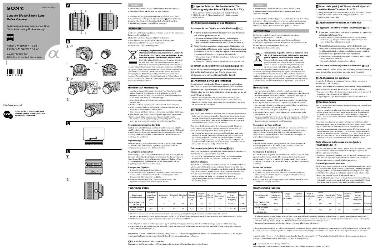 Mode d'emploi SONY SAL85F14Z