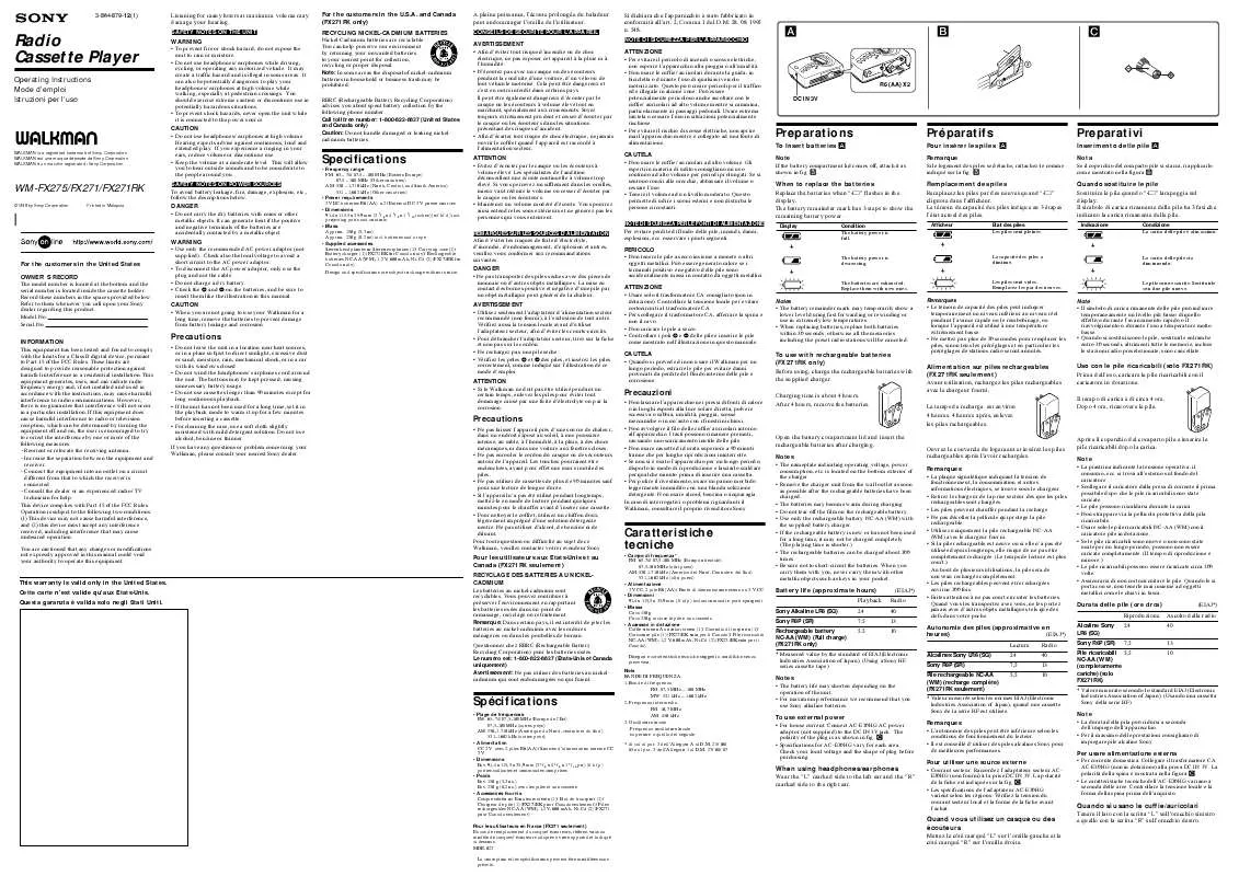 Mode d'emploi SONY WM-FX271RK